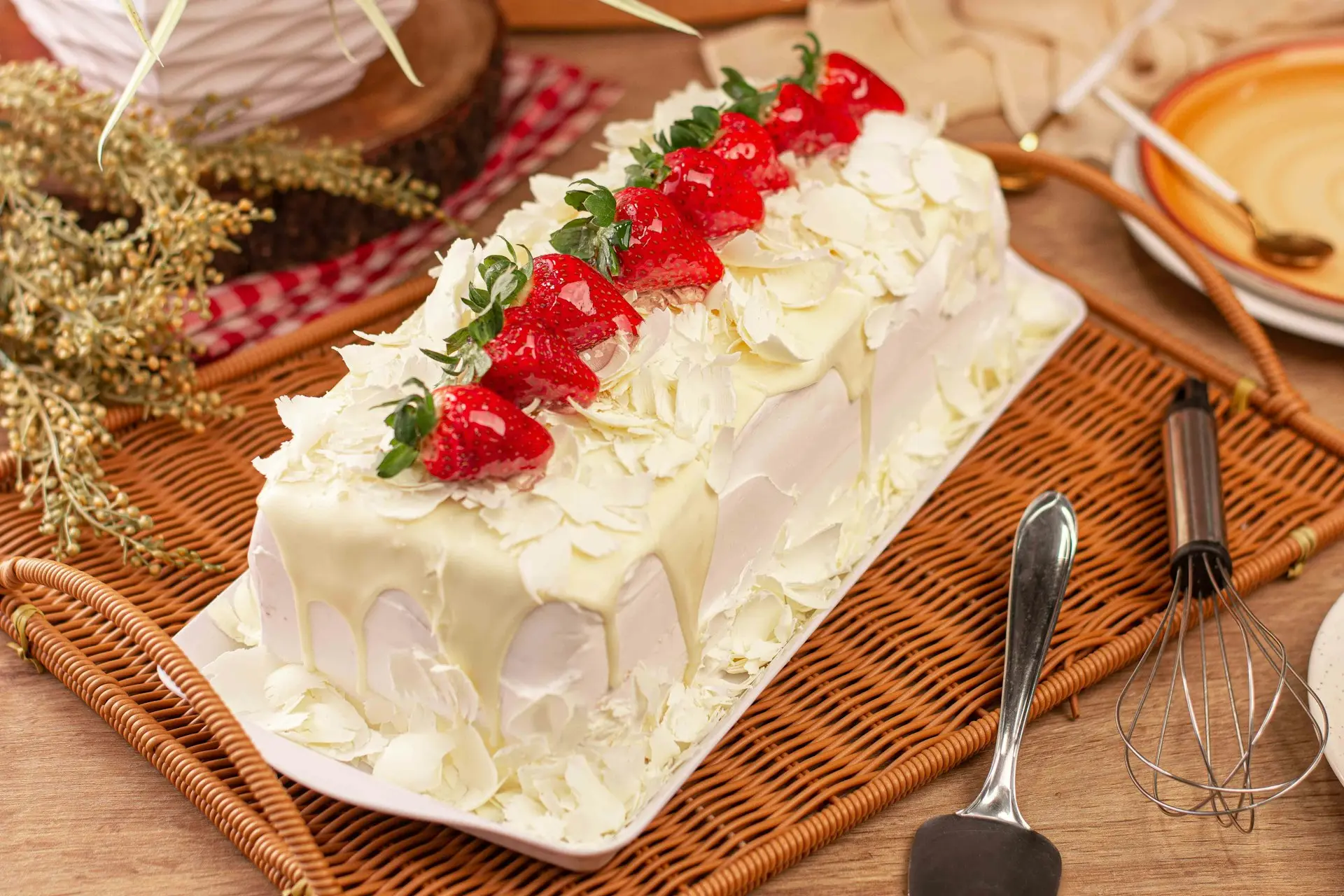 a cake with white frosting and strawberries on top